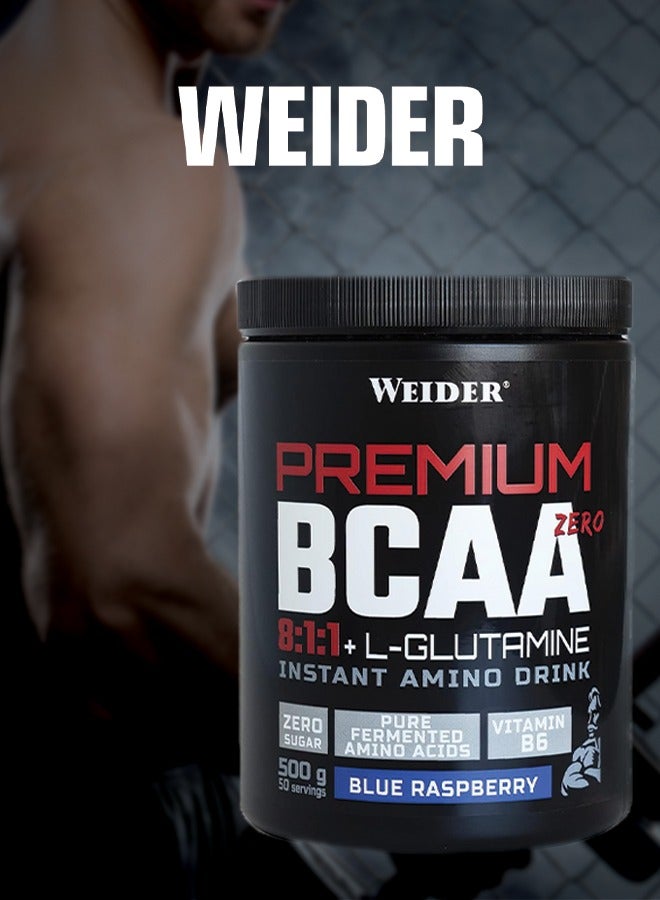 Premium BCAA Zero 8:1:1 + L-Glutamine - Blue Raspberry 500g, High Leucine Ratio Amino Acid Supplement