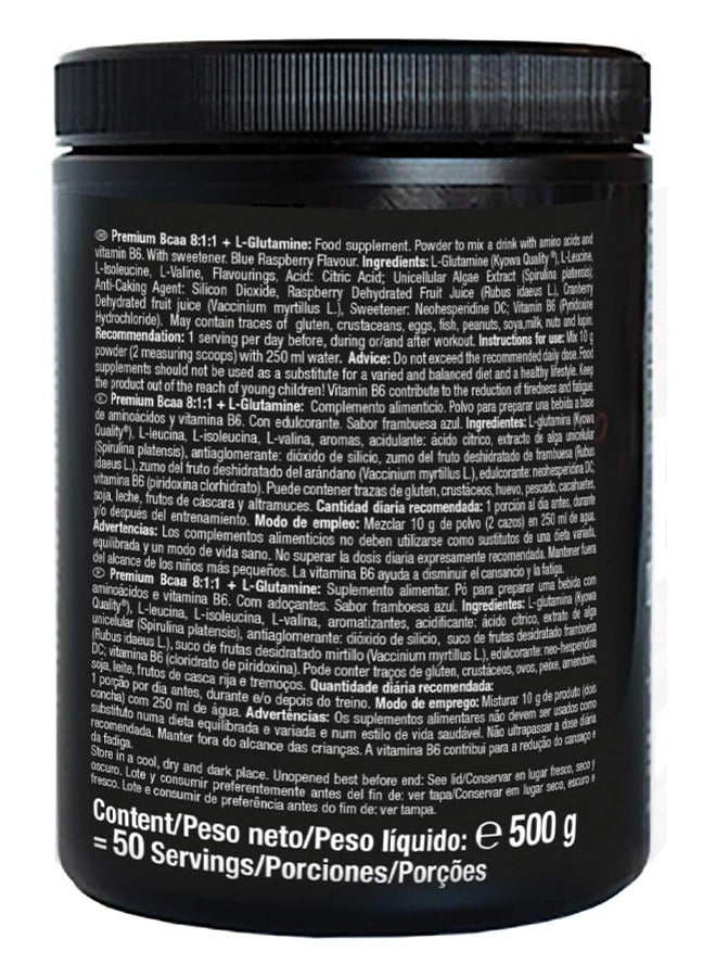 Premium BCAA Zero 8:1:1 + L-Glutamine - Blue Raspberry 500g, High Leucine Ratio Amino Acid Supplement