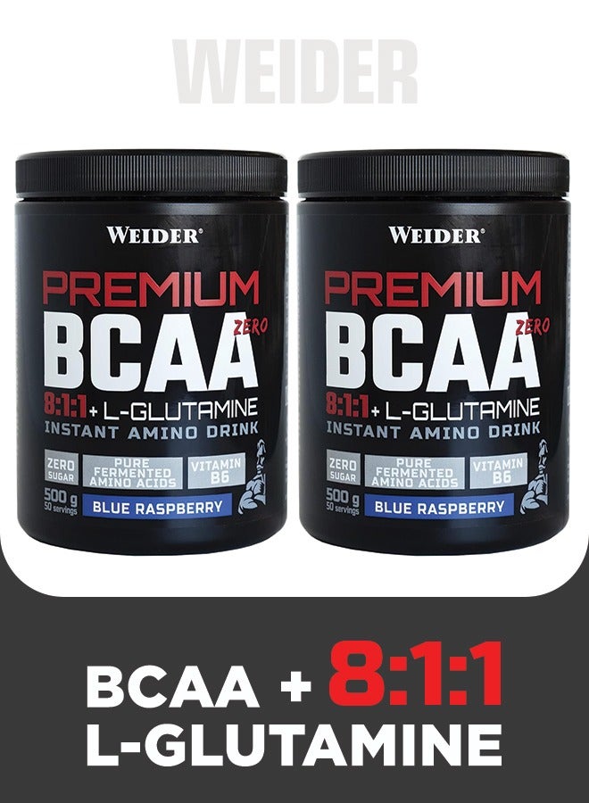 Premium BCAA Zero 8:1:1 + L-Glutamine - Blue Raspberry 500g, High Leucine Ratio Amino Acid Supplement