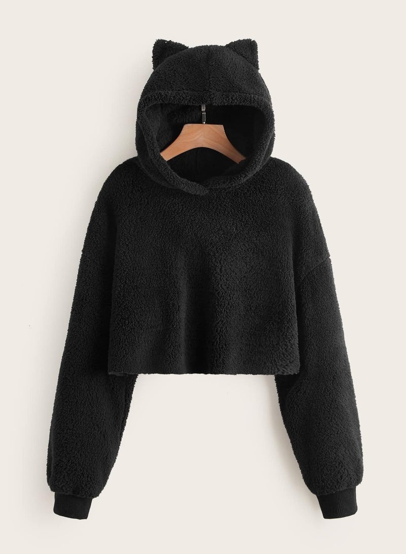 Drop Shoulder Crop Teddy Hoodie With Ears