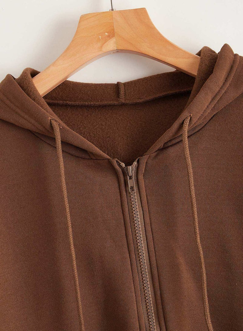 Drop Shoulder Zip Up Drawstring Hoodie