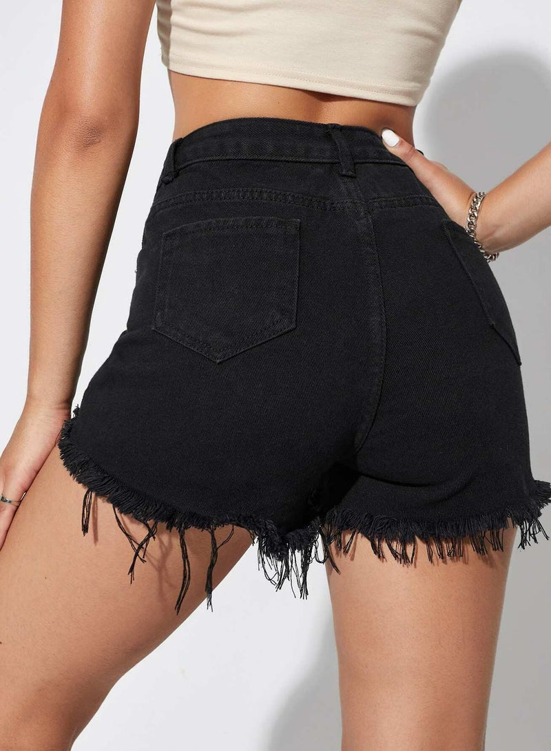 Raw Hem Ripped Denim Shorts