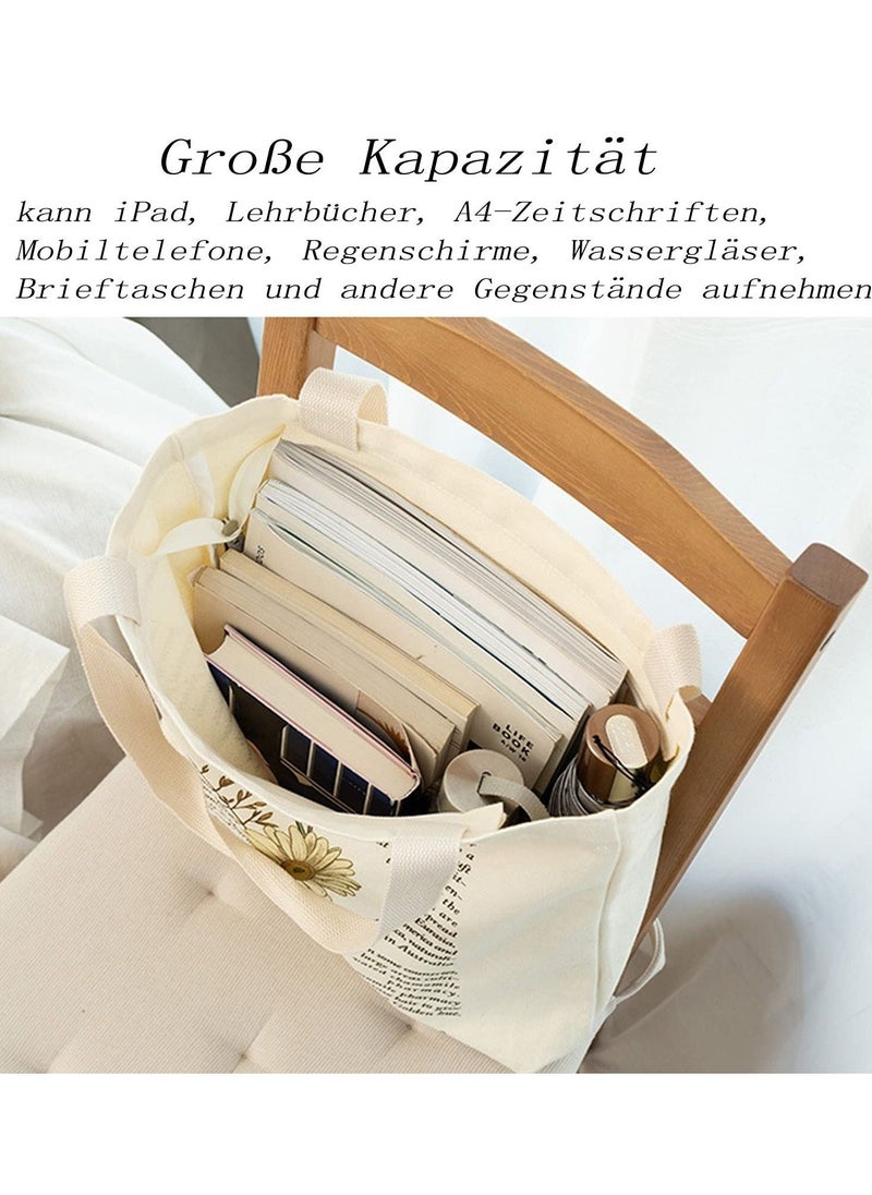 Canvas Tote Bag Strap Reusable Grocery Shopping Cloth Bag Zip Tote Bag Women Eco-Friendly Tote Bag with Handle Washable Fashion Beach Tote Shoulder Bag Women Shopping, School