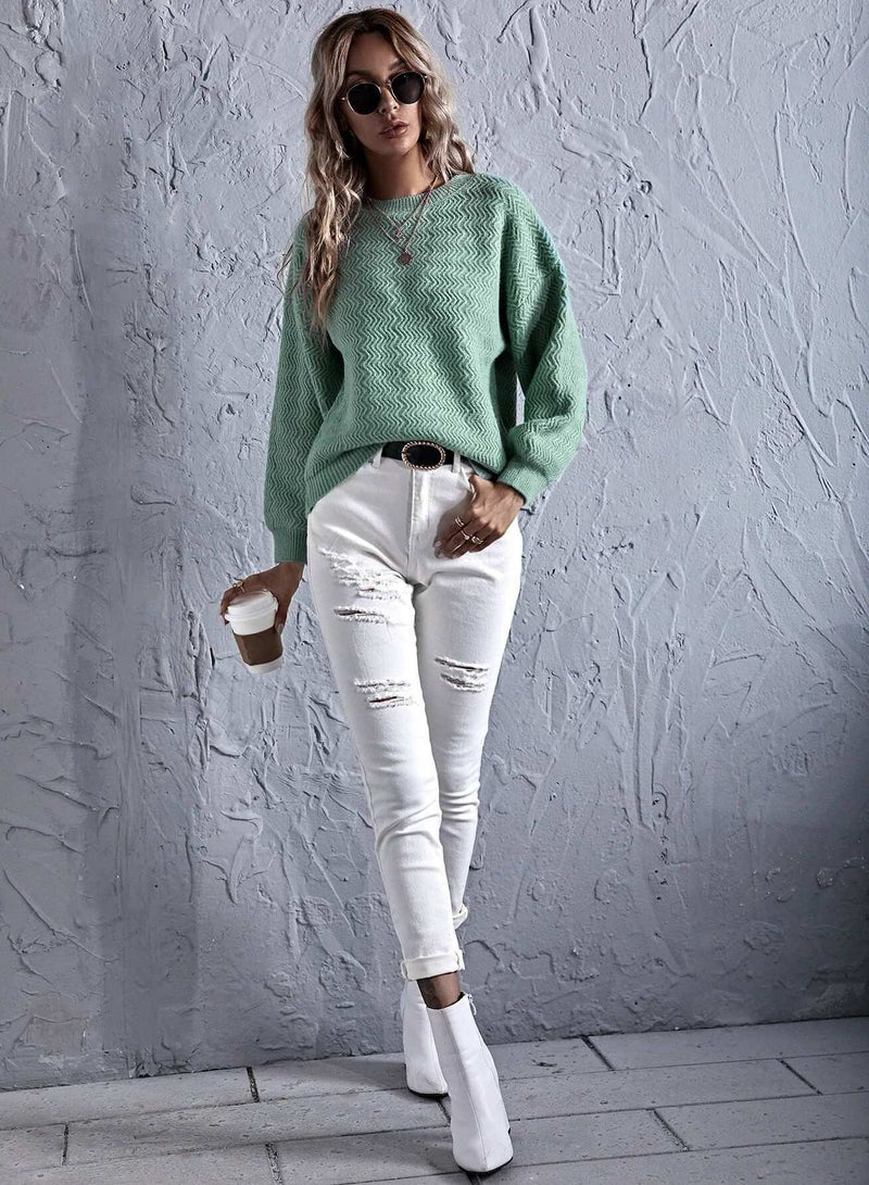 Solid Chevron Knit Drop Shoulder Sweater