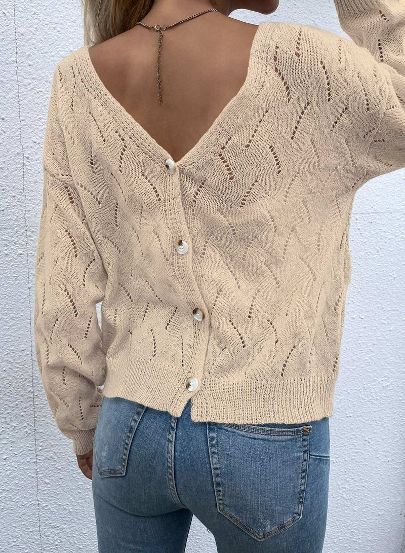 Pointelle Knit Button Back Drop Shoulder Sweater