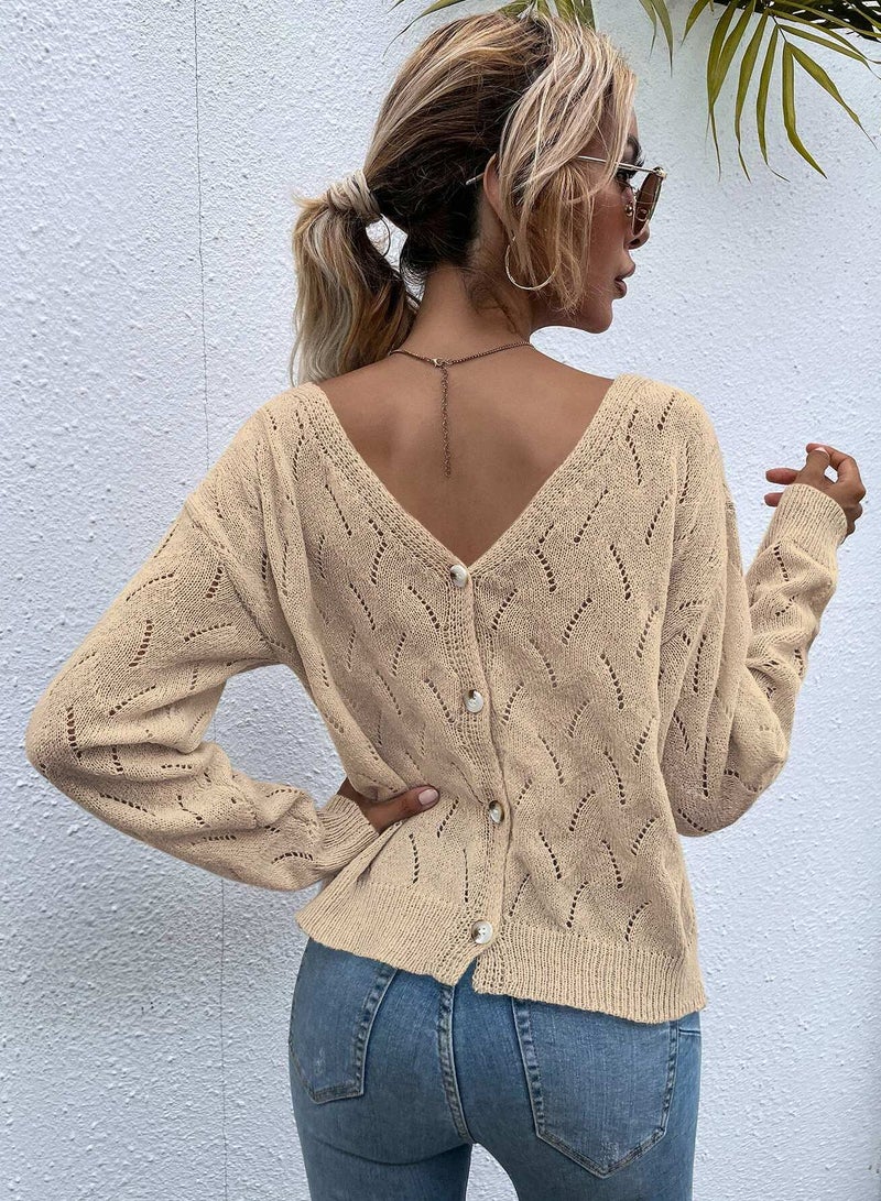 Pointelle Knit Button Back Drop Shoulder Sweater