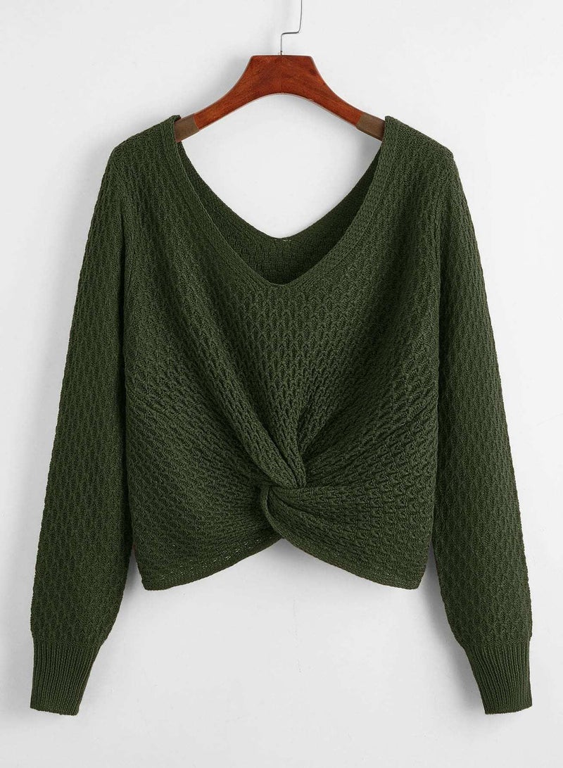 Plus Double V-neck Twist Hem Sweater