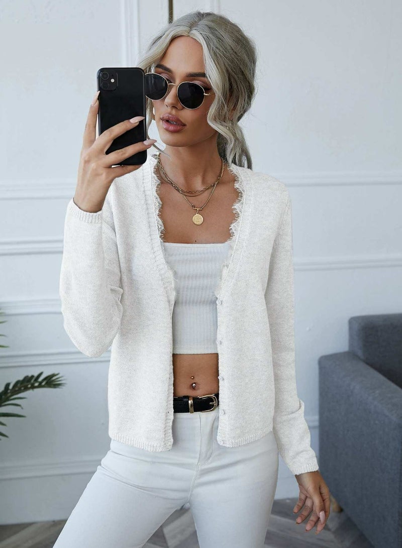 Button Front Contrast Lace Cardigan