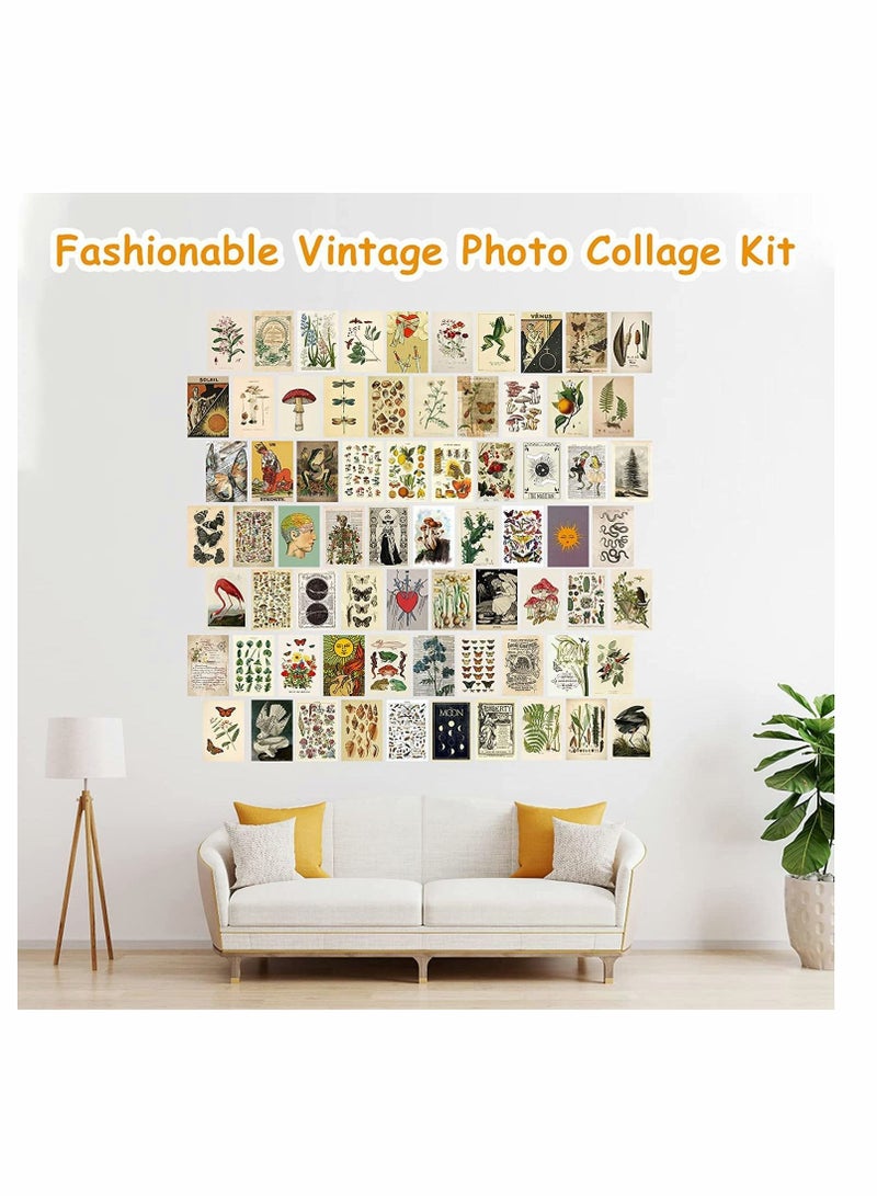 Vintage Wall Collage Kit Aesthetic Pictures, 70PCS Posters for Room Aesthetic, Cute Dorm Photo Wall Decor for Teen Girls, Botanical Wall Art, Printed Wall Sticker Decorative Aesthetics Warm Beige Card