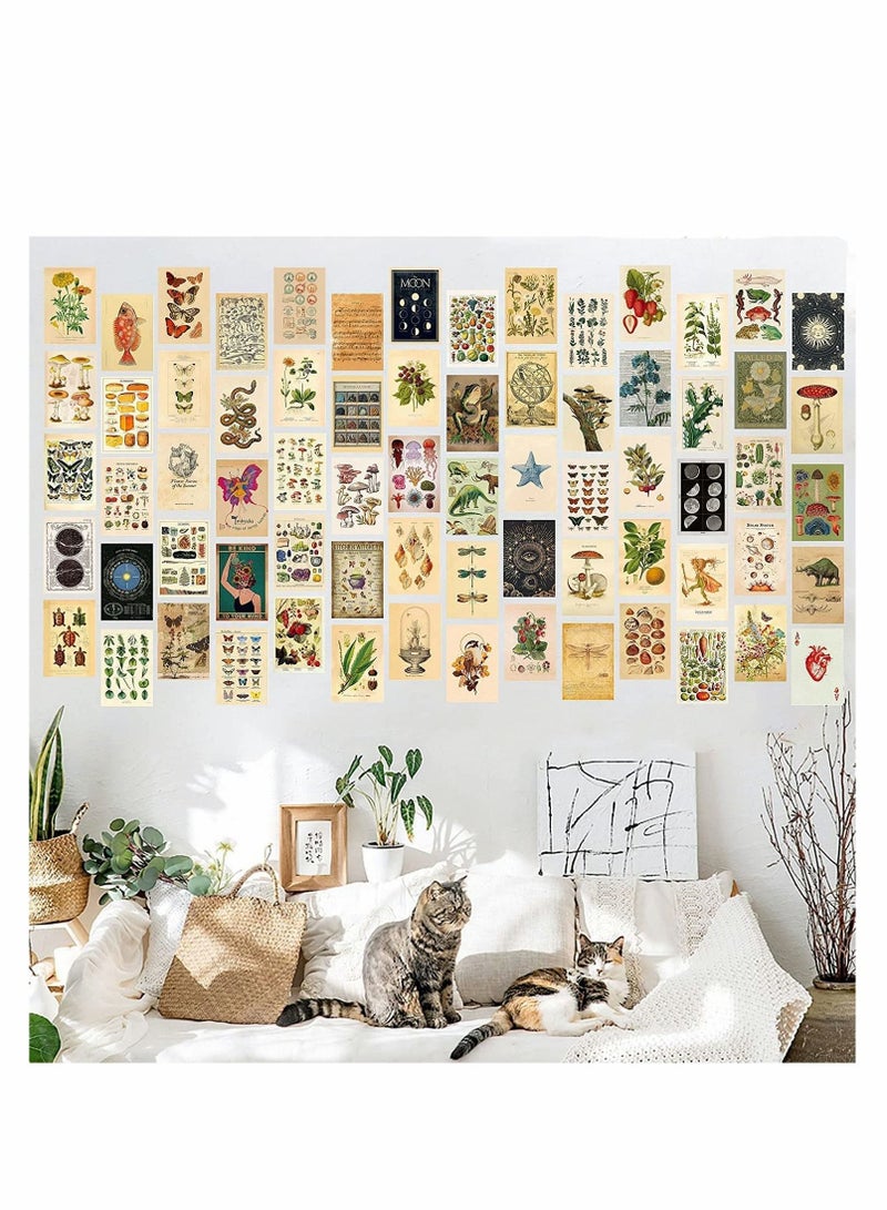 Vintage Wall Collage Kit Aesthetic Pictures, 70PCS Posters for Room Aesthetic, Cute Dorm Photo Wall Decor for Teen Girls, Botanical Wall Art, Printed Wall Sticker Decorative Aesthetics Warm Beige Card