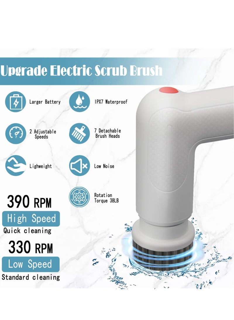 Electric Spin Scrubber, Rechargeable Power Scrubbers, Electric Scrubber for Cleaning Brush, with 7 Replaceable Brushes Heads, for Cleaning Tub/Tile/Floor/Sink/Window (White)