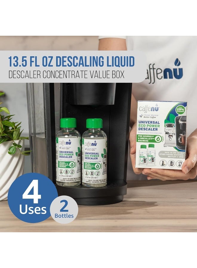 Caffenu Descaling Solution for Keurig Machines (2 bottles - 4 Uses). Universal Descaler Compatible with Keurig, Breville, Nespresso  All Other Espresso Machines. Removes Limescale