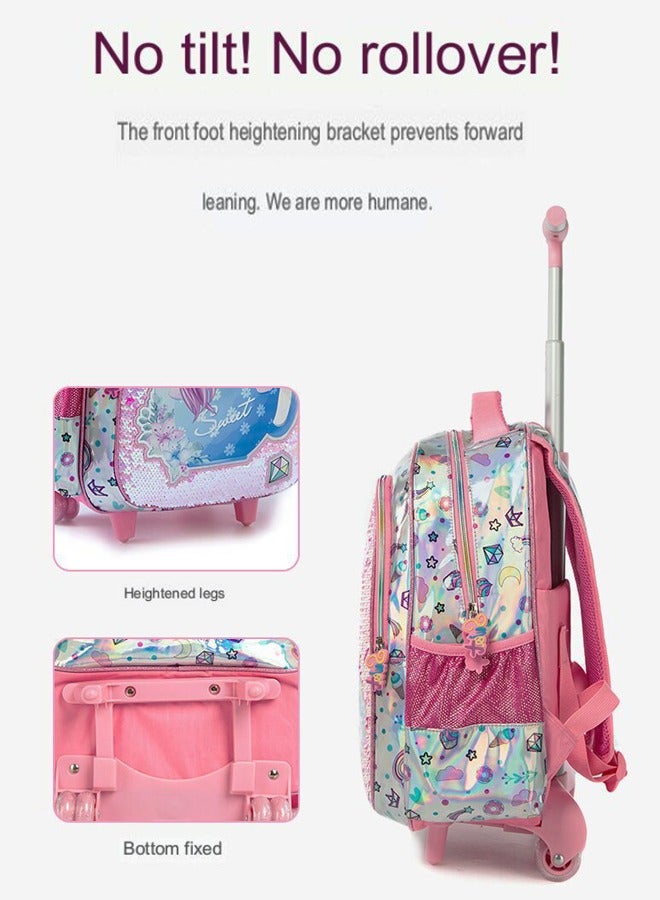 3PCS Rolling school Backpack for girls, 16-inch burden-reducing unicorn trolley schoolbag children's fantasy three-piece set