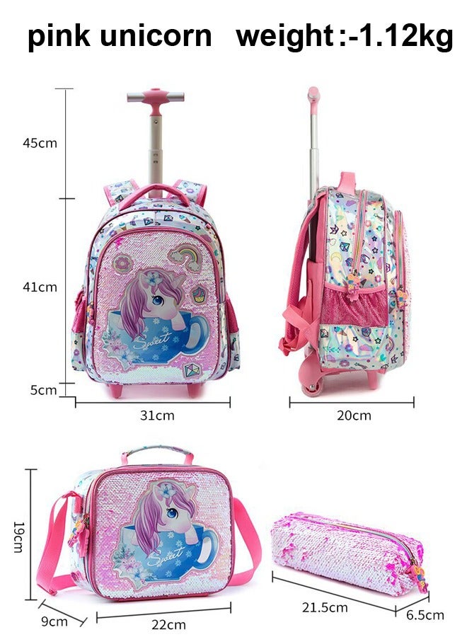 3PCS Rolling school Backpack for girls, 16-inch burden-reducing unicorn trolley schoolbag children's fantasy three-piece set