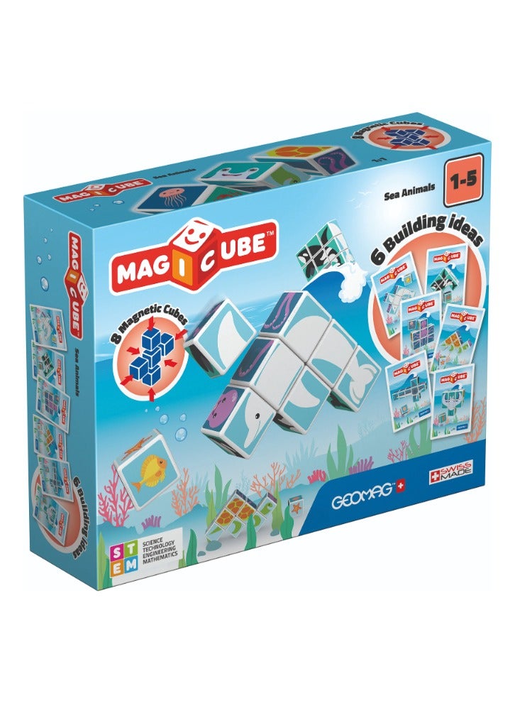 Geomag Magicube, Printed Sea Animals + Cards, STEM Toy for Kids, 100% Recycled, Made in Switzerland, Multicolor 11 Pcs