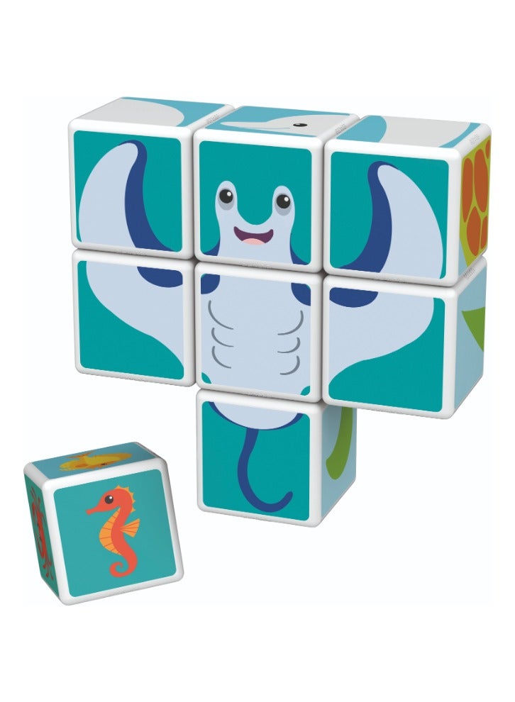 Geomag Magicube, Printed Sea Animals + Cards, STEM Toy for Kids, 100% Recycled, Made in Switzerland, Multicolor 11 Pcs