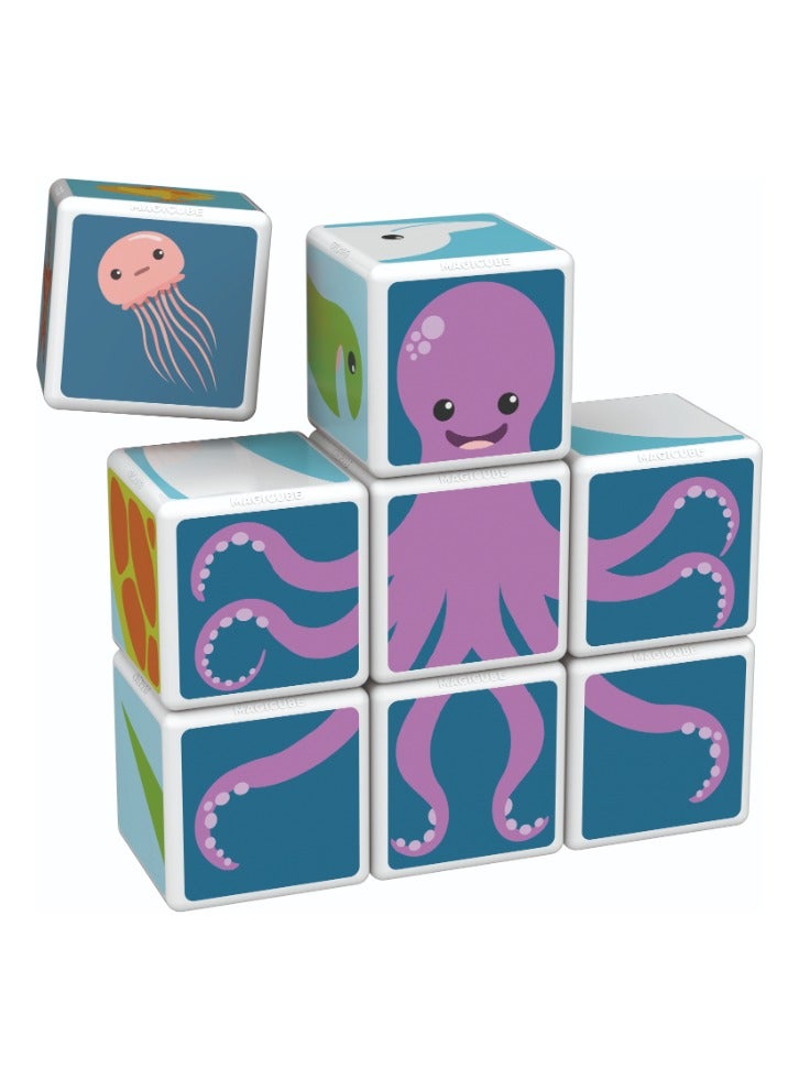 Geomag Magicube, Printed Sea Animals + Cards, STEM Toy for Kids, 100% Recycled, Made in Switzerland, Multicolor 11 Pcs