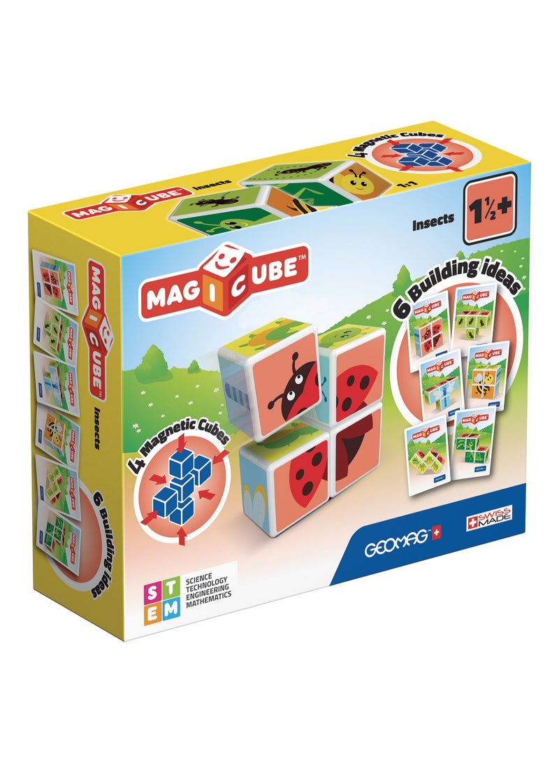 Geomag Magicube Insects Building Game With Magnetic Cubes, 4 Cubes Included, 4 Cubess, Made in Switzerland 100% Recycled, Ages 1+