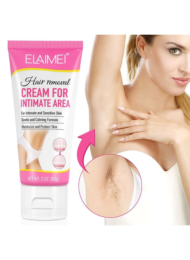 Hair Removal Cream For Intimate Area，Painless Flawless Depilatory Cream For Private Areas, Pubic, Bikini, Body, Leg, And Underarms, Sensitive Formula For All Skin Types, Long-Lasting Fast-Acting 60g