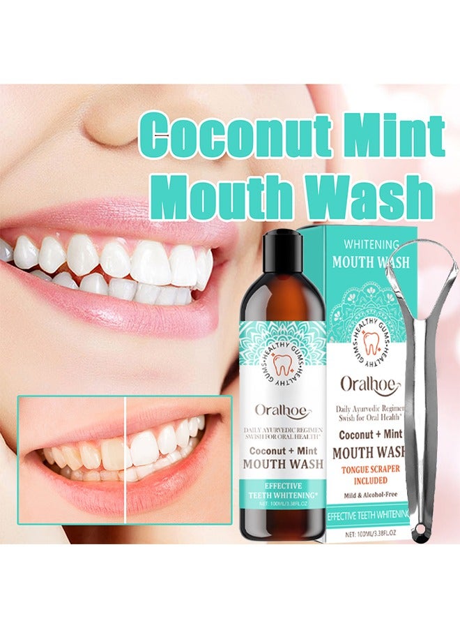 Whitening Mouth Wash,Coconut & Peppermint Oil with Tongue Scraper Inside the Box - Natural, Alcohol Free Mouthwash to Help With Fresh Breath, Teeth Whitening and Healthier Teeth & Gums 100ml