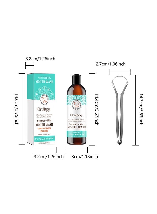 Whitening Mouth Wash,Coconut & Peppermint Oil with Tongue Scraper Inside the Box - Natural, Alcohol Free Mouthwash to Help With Fresh Breath, Teeth Whitening and Healthier Teeth & Gums 100ml