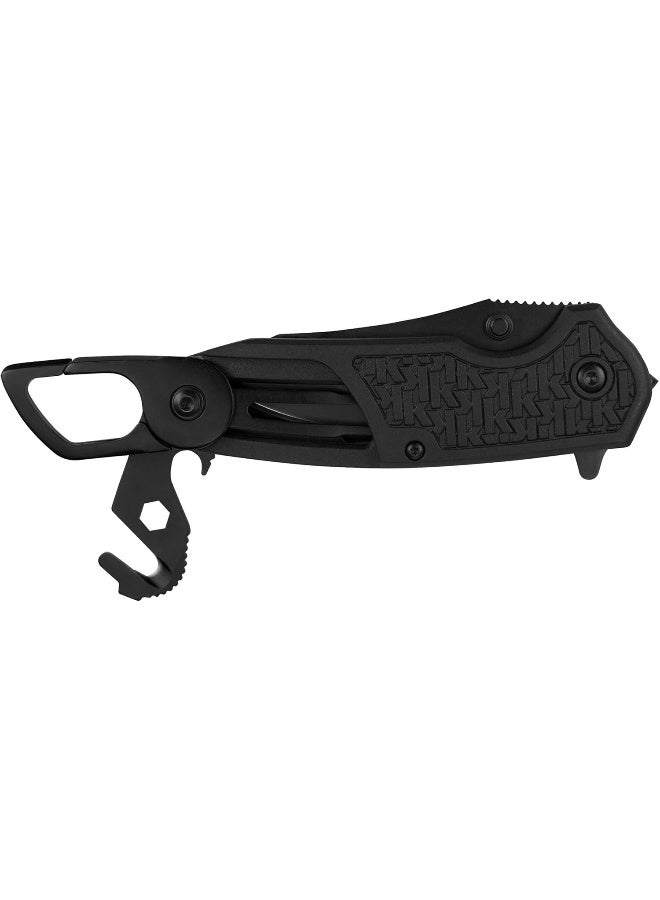 Funxion Emt (8100); Multifunction Folding Pocketknife; 3 Inch Partially Serrated Stainless Steel Blade; Carabiner Clip, Cord Cutter, Screwdriver Tip, Hex Wrench, Glassbreaker Tip, Black