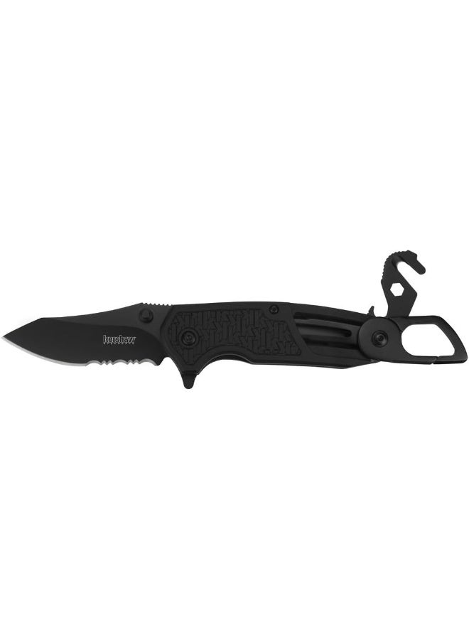 Funxion Emt (8100); Multifunction Folding Pocketknife; 3 Inch Partially Serrated Stainless Steel Blade; Carabiner Clip, Cord Cutter, Screwdriver Tip, Hex Wrench, Glassbreaker Tip, Black