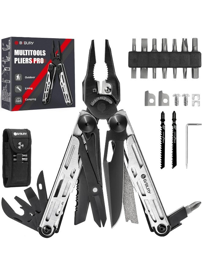 Multitools, Multi Tool Foldable Pliers With Upgraded Scissors And Screwdriver Set, Stainless Steel Multitools - Pro, Ideal For Camping, Outdoor, Repairing - Gift For Dad Men - Black