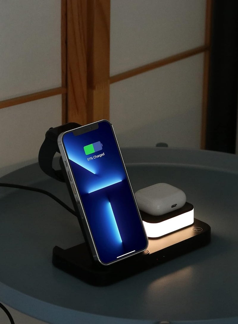 Wireless Charger for iPhone 15/14/13/Pro/Mini/Max/12/11/XS/XR/X/8/Samsung, 3 in 1 Charging Station Dock Stand with Night Light for Apple iwatch 8/Ultra/7/SE/6/5/4/3/2, For AirPods 3/2/Pro Black