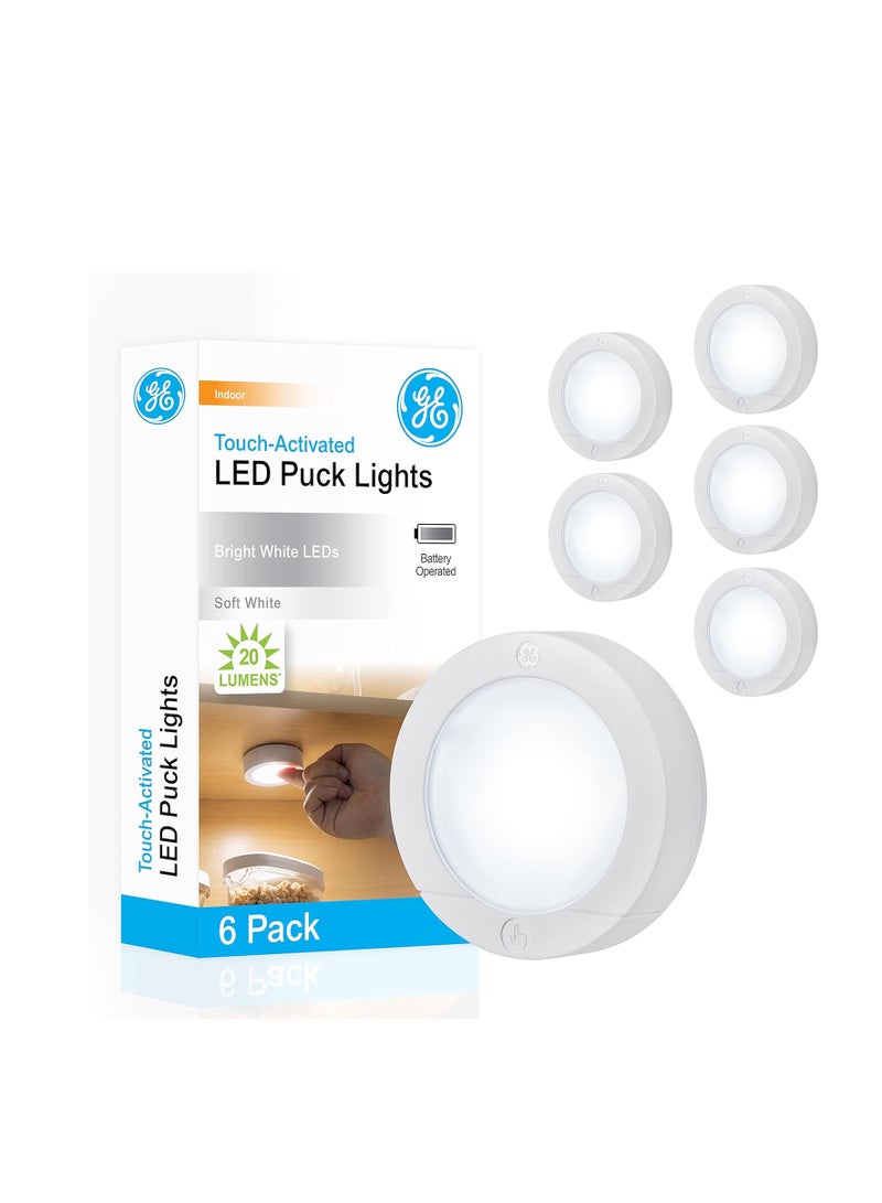 GE Wireless LED Puck Lights, Battery Operated, 20 Lumens, Touch Light, Tap Light, Stick On Lights, Under Cabinet Lighting, Ideal for Kitchen Cabinets, Closets, Garage, 6 Pack, 45994