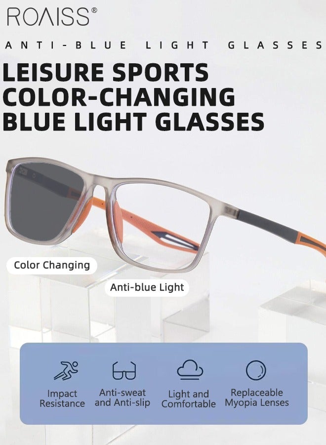 Men's Blue Light Blocking Glasses Anti UV and Glare Blue Light Filter Computer Glasses Rectangular Color Changing Anti Eyestrain Headache Sports Eyewear with Super Light TR Frame Grey Orange 55mm