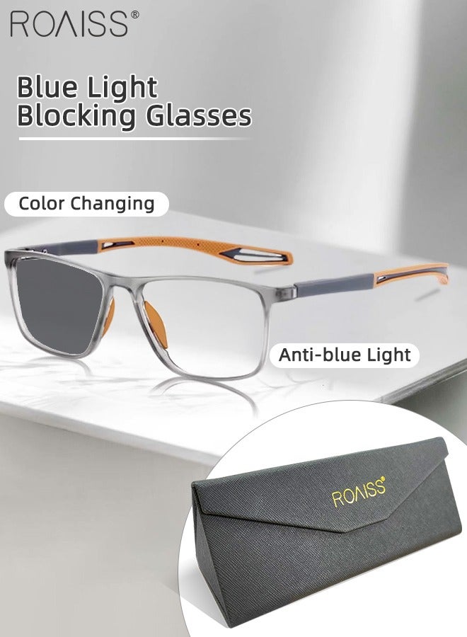 Men's Blue Light Blocking Glasses Anti UV and Glare Blue Light Filter Computer Glasses Rectangular Color Changing Anti Eyestrain Headache Sports Eyewear with Super Light TR Frame Grey Orange 55mm