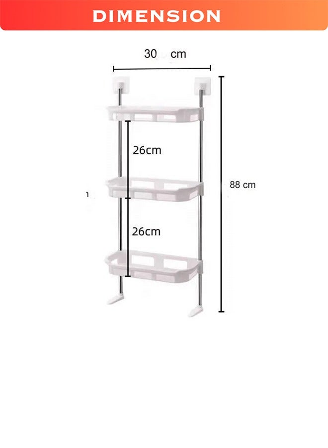 3-Tier Toilet Tank Top Caddy White Plastic Short Metal Wall Mount Bathroom Organizer Stainless Steel Pipe Tension Rod Shelf Bathroom And Kitchen Sink Top Storage Rack With Supporting Feet