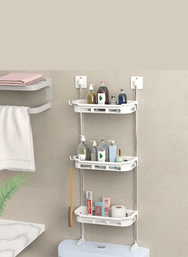 3-Tier Toilet Tank Top Caddy White Plastic Short Metal Wall Mount Bathroom Organizer Stainless Steel Pipe Tension Rod Shelf Bathroom And Kitchen Sink Top Storage Rack With Supporting Feet