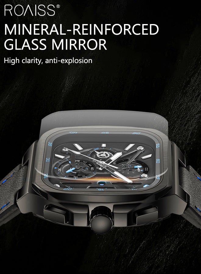 Men's Leather Strap Chronograph Quartz Watch Square Black Dial with Blue Numbers Waterproof Luminous Wristwatch as Gift for Men
