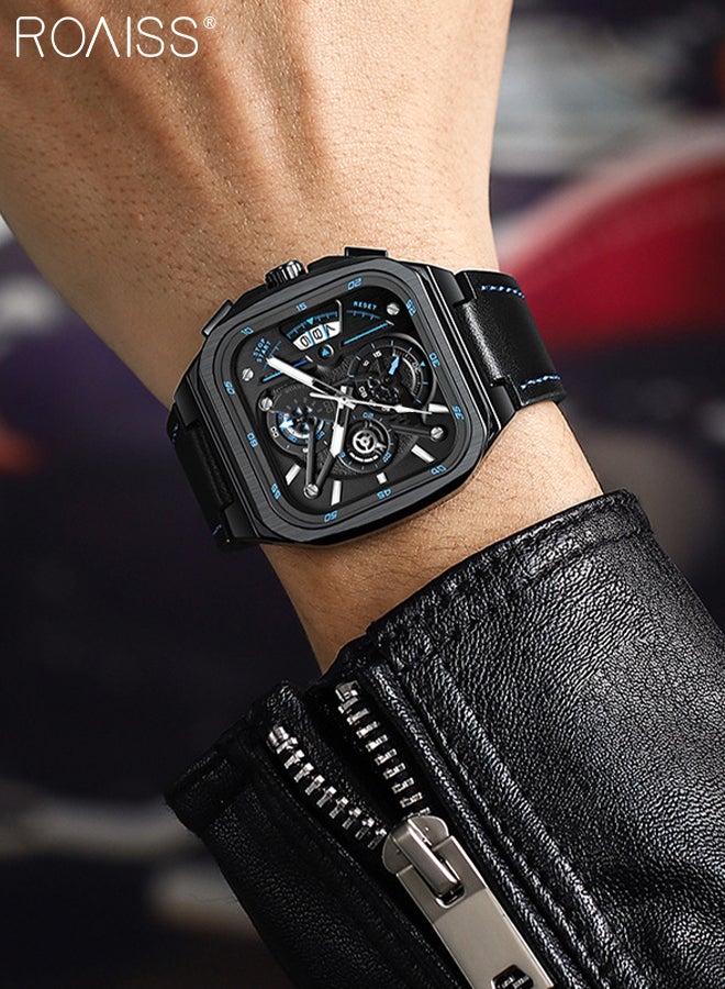 Men's Leather Strap Chronograph Quartz Watch Square Black Dial with Blue Numbers Waterproof Luminous Wristwatch as Gift for Men