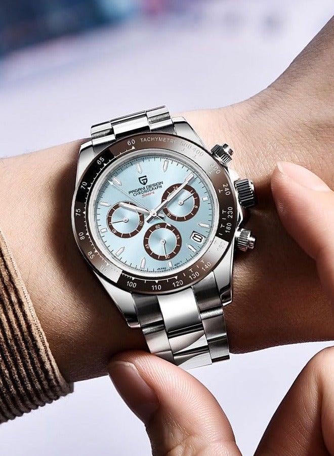 Men's Business Quartz Stainless Steel Watches, Sports Chronograph, 100 Meters Waterproof, Blue Dial, Black Bezel And Stainless Steel Strap, Fashion Casual Watches