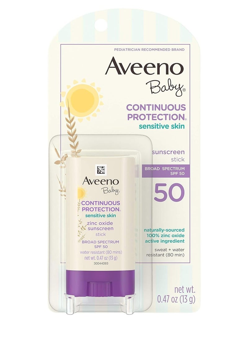 Aveeno Baby Continuous Protection Mineral Sunscreen Stick for Sensitive Skin with Broad Spectrum SPF 50 Protection for Face & Body, Naturally Sourced 100% Zinc Oxide, Travel Size, 0.47 oz