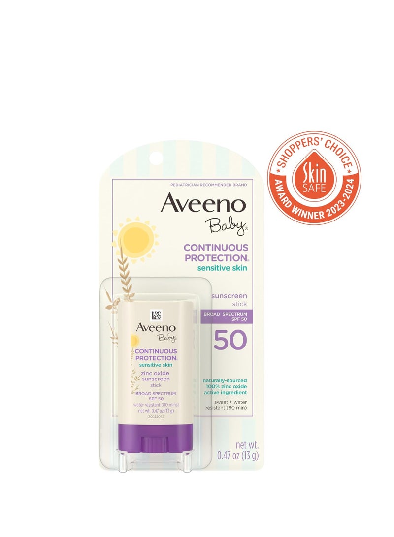 Aveeno Baby Continuous Protection Mineral Sunscreen Stick for Sensitive Skin with Broad Spectrum SPF 50 Protection for Face & Body, Naturally Sourced 100% Zinc Oxide, Travel Size, 0.47 oz