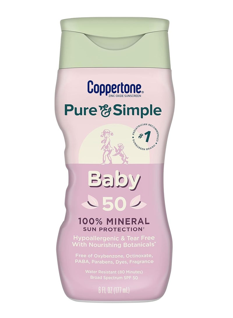 Coppertone Pure and Simple Baby Sunscreen SPF 50 Lotion, Zinc Oxide Mineral Sunscreen for Babies, Tear Free, Water Resistant, Broad Spectrum SPF 50 Sunscreen, 6 Fl Oz Bottle