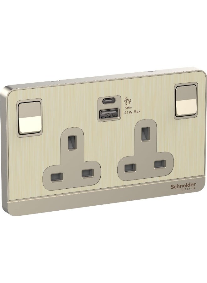 Electric Avataron, 2 Gang, Socket With Usb A+C, 13 A, Gold Hairline