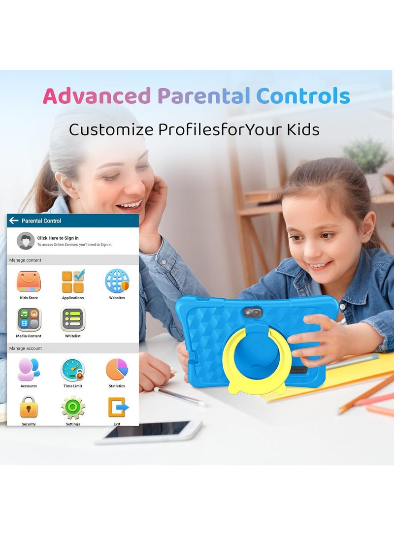 Kids Tablet, 7 inch Android Tablet for Kids, 2GB+2GB RAM 32GB ROM Quad-Core Toddler Tablet with Shockproof Case, Bluetooth, WiFi, Parental Control, Dual Camera,  Educational Games (Blue)
