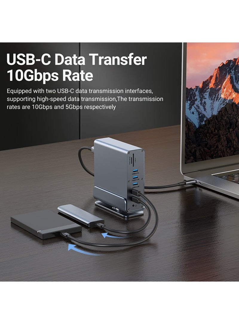 15 In 1 USB-C Docking Station, Type C Hub, Multi-Port Vertical Laptop Hub With Removable Base Support RJ45 1000M, USB 3.0/2.0, PD 100W Fast Charging, Audio 3.5mm, SD/TF for Laptop Tablet Smartphone