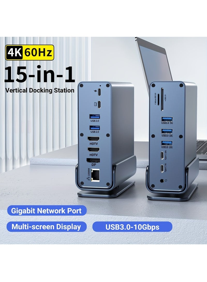 15 In 1 USB-C Docking Station, Type C Hub, Multi-Port Vertical Laptop Hub With Removable Base Support RJ45 1000M, USB 3.0/2.0, PD 100W Fast Charging, Audio 3.5mm, SD/TF for Laptop Tablet Smartphone