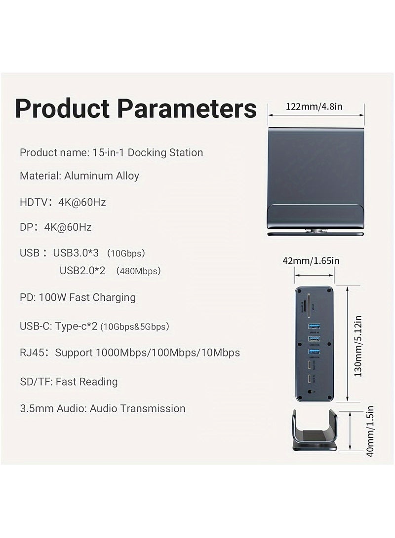 15 In 1 USB-C Docking Station, Type C Hub, Multi-Port Vertical Laptop Hub With Removable Base Support RJ45 1000M, USB 3.0/2.0, PD 100W Fast Charging, Audio 3.5mm, SD/TF for Laptop Tablet Smartphone