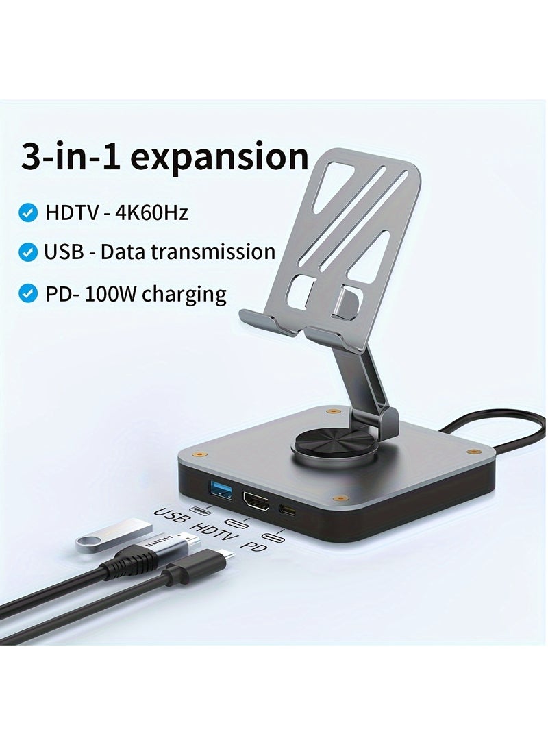 3-in-1 Docking Station, USB-C Hub, Switch Dock With Rotatable Folding Stand, With 4K@60 Hz HD, USB2.0(480Mbps), PD 100W Fast Charging Port, Perfect For iPad Pro/Air, Switch, Switch OLED, SmartPhone