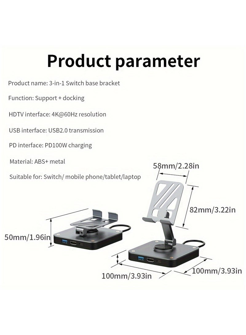 3-in-1 Docking Station, USB-C Hub, Switch Dock With Rotatable Folding Stand, With 4K@60 Hz HD, USB2.0(480Mbps), PD 100W Fast Charging Port, Perfect For iPad Pro/Air, Switch, Switch OLED, SmartPhone