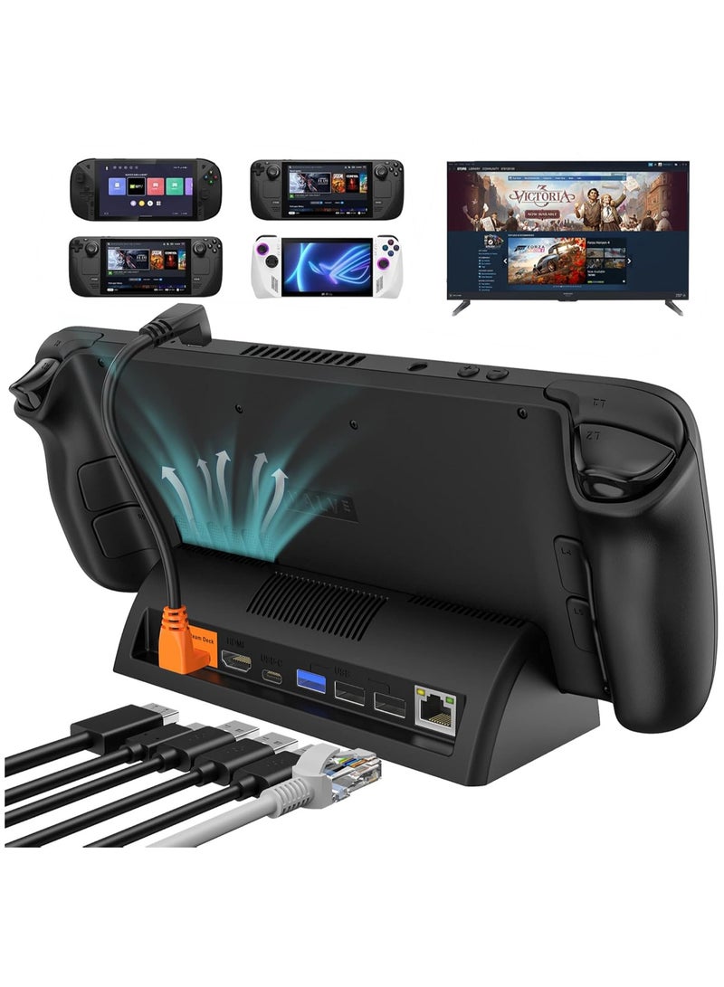 TV Docking Station for Steam Deck/Rog Ally/Switch/Legion Go/Tablet/Smartphone, Supports HDMI 4K@60Hz Video Output, Portable Steam Deck Dock with Gigabit Ethernet, Dual Cooling Fan and 3 USB Ports