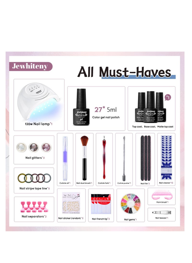 27 Colors Gel Nail Polish Kit with U V Light, 120W U V LED Nail Dryer Lamp Curing Gel Nail Polish Set Popular Gel Nail Polish Set DIY at Home, Nail Manicure Tools