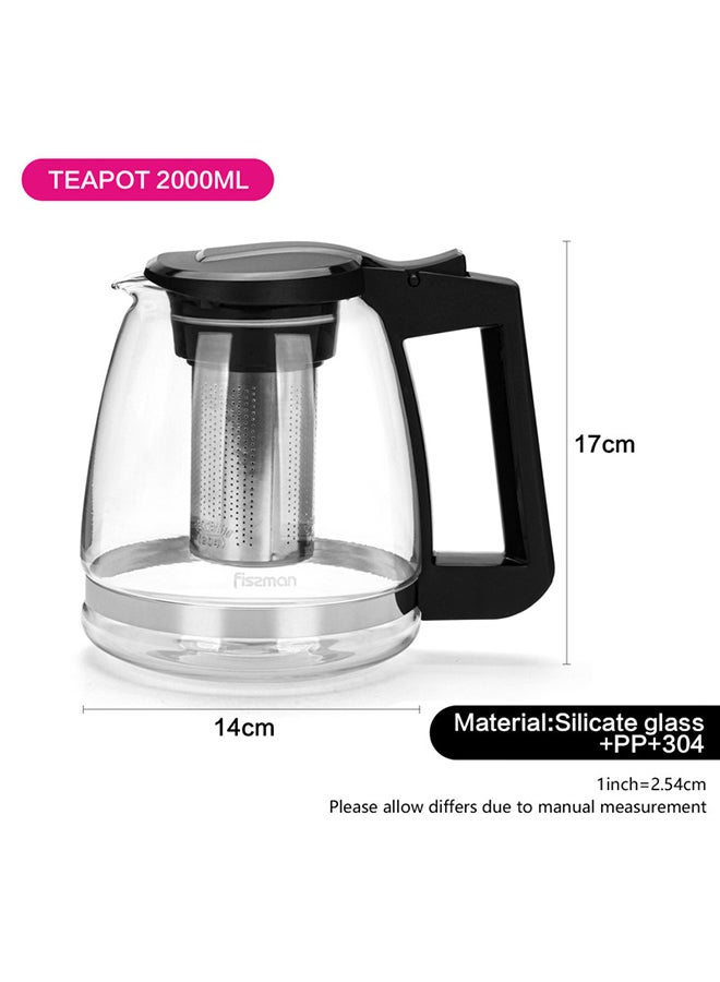 Tea Pot Borosilicate Glass With Stainless Steel Filter Black/Clear 2000ml